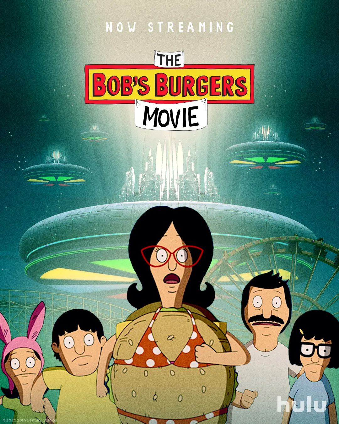 Linda Belcher in a burger costume stands with the Belcher family before a retro-futurist city and flying saucers in a Hulu streaming poster.