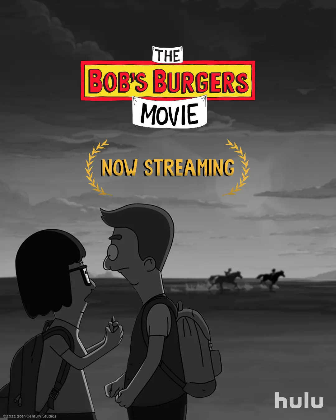 Tina Belcher shares a close, romantic moment with a backpacked teenage boy beneath The Bob’s Burgers Movie logo and a now-streaming Hulu message.