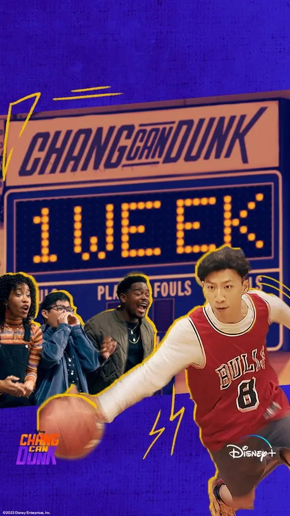 Chang Can Dunk countdown graphic shows a basketball player dribbling in front of a scoreboard reading “1 Week,” with cheering spectators and Disney+ branding.