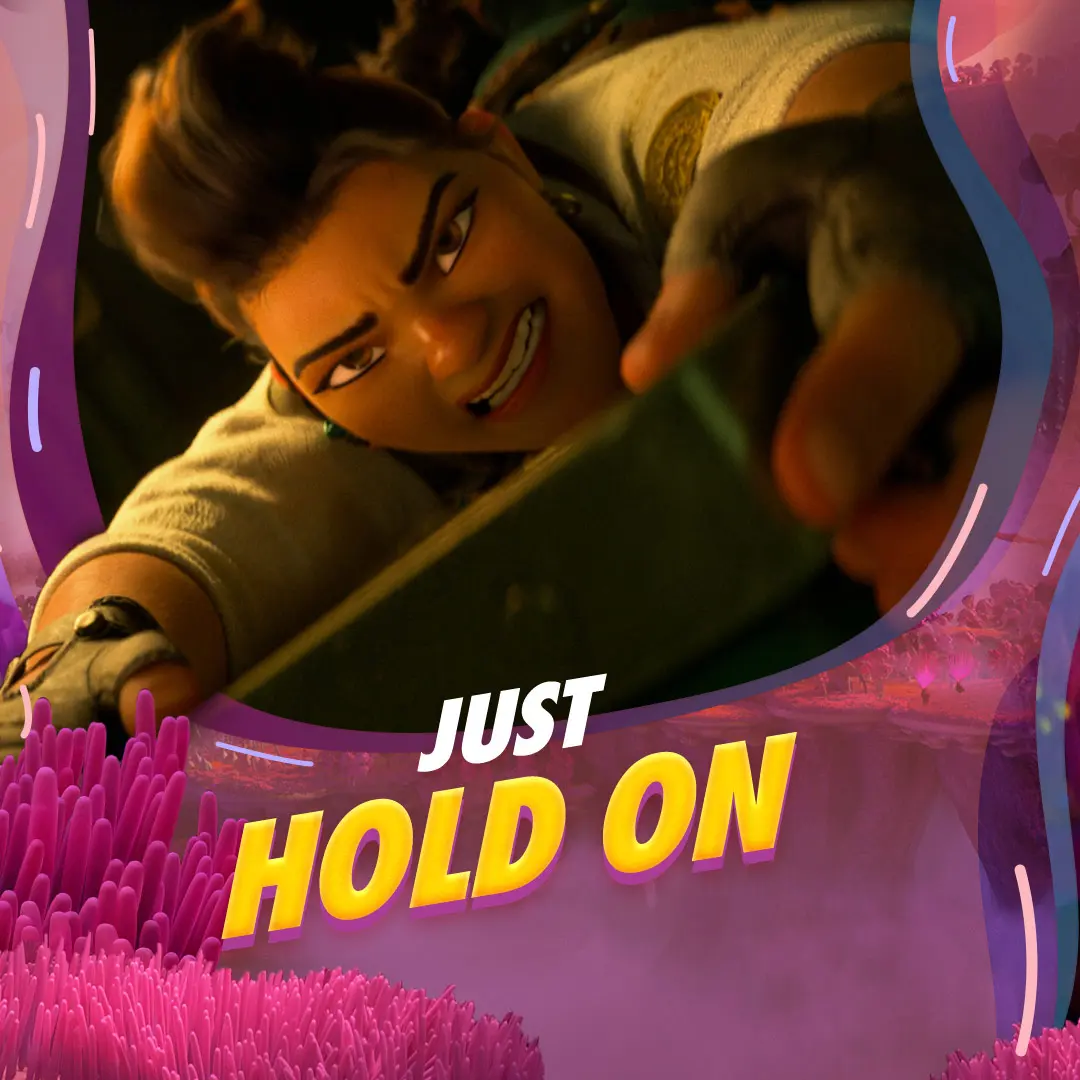A tense close-up of a character reaching and gripping an edge, face strained, with bold yellow beveled headline reading "JUST HOLD ON" over a pink-purple, hand-painted alien foreground.