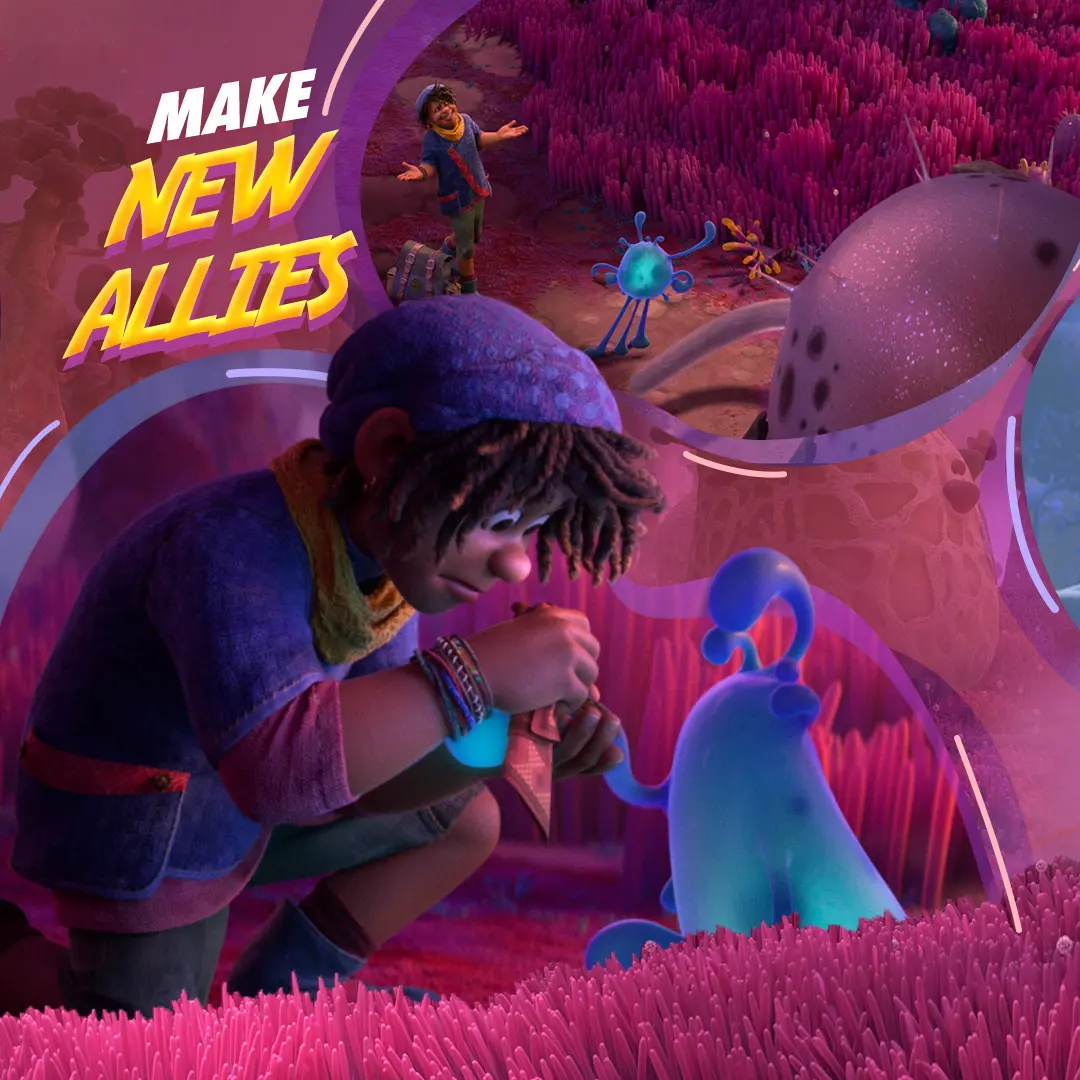 Kneeling young character offers a glowing blue trinket to a small blue alien in a dense pink-purple alien field while bold yellow beveled text reads MAKE NEW ALLIES.