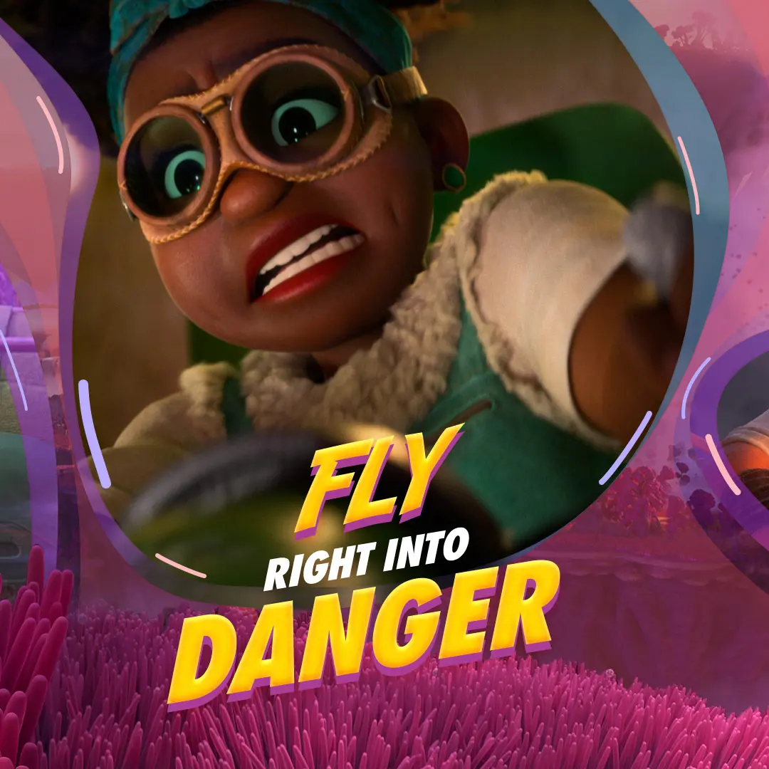 Close-up of a panicked pilot gripping controls, wearing round goggles and a teal headwrap, with bold yellow beveled headline “FLY RIGHT INTO DANGER” over a purple-pink hand-painted background.