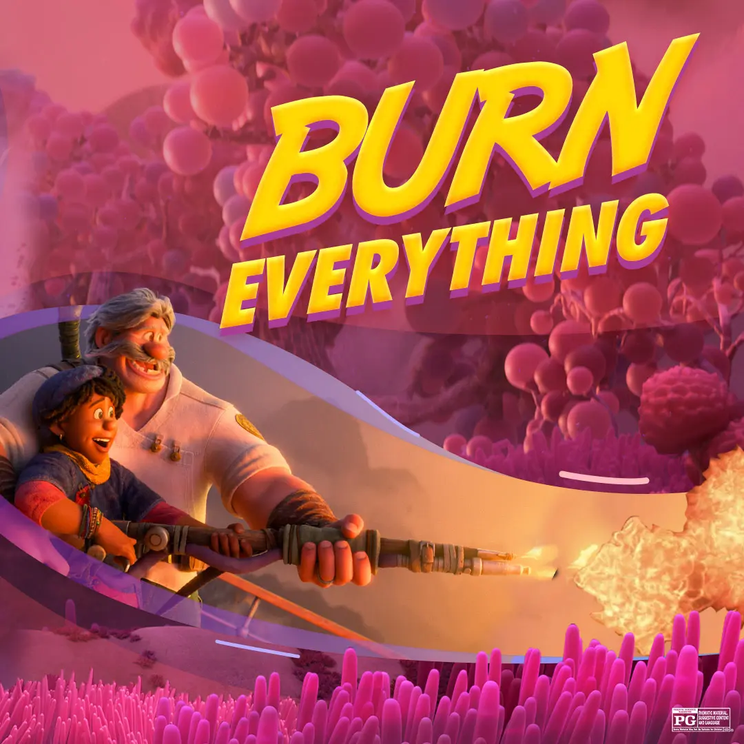 Two animated characters grip a flamethrower shooting fire across a pink-purple alien landscape while large yellow 3D type reading 'BURN EVERYTHING' dominates the upper half of the square promotional card.