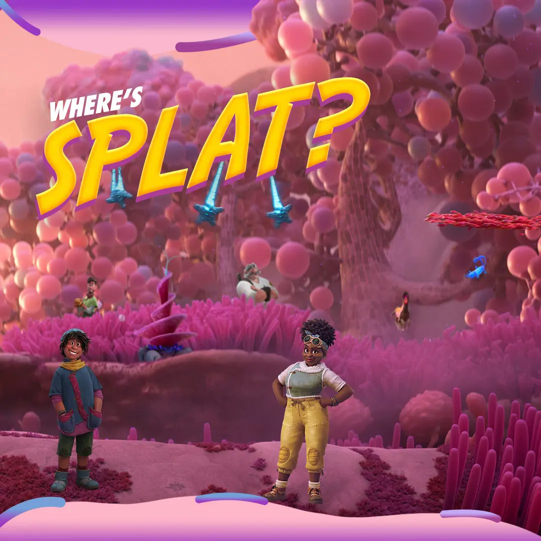 Pink, bubble-filled alien landscape with two characters in the foreground and a large beveled yellow headline reading "WHERE'S SPLAT?" across the upper left of the square frame.