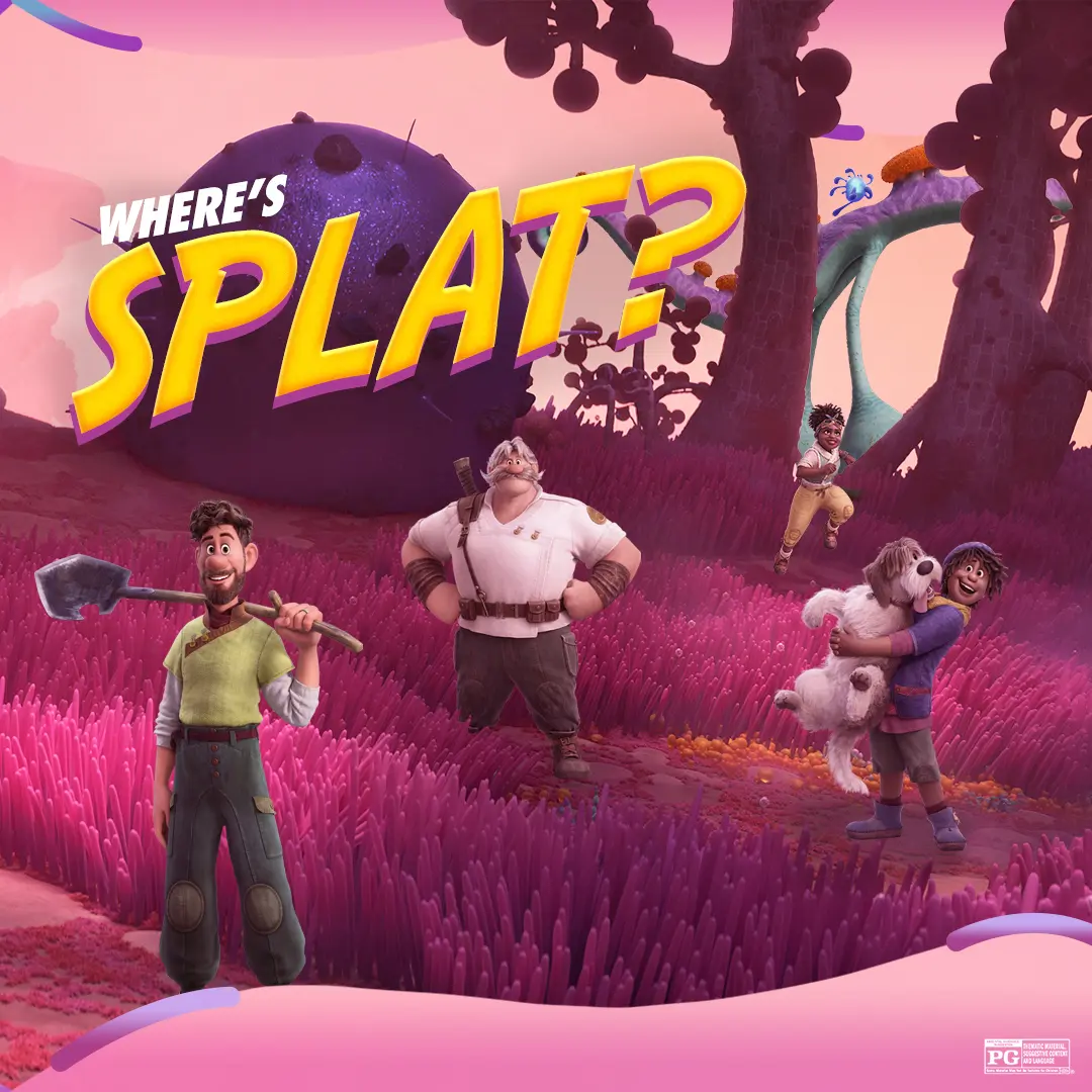 Four characters and a dog stand in a pink-purple alien meadow under a large yellow "WHERE'S SPLAT?" headline with a dark purple boulder and stylized trees behind them.