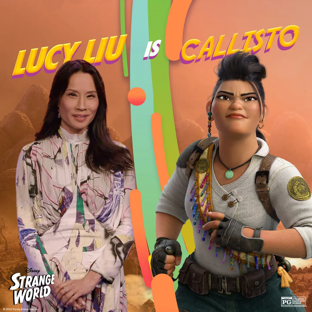 Split promotional square showing a head-and-shoulders portrait of an adult woman paired with an animated character Callisto against an orange rocky landscape, bold yellow headline, and colorful vertical divider.
