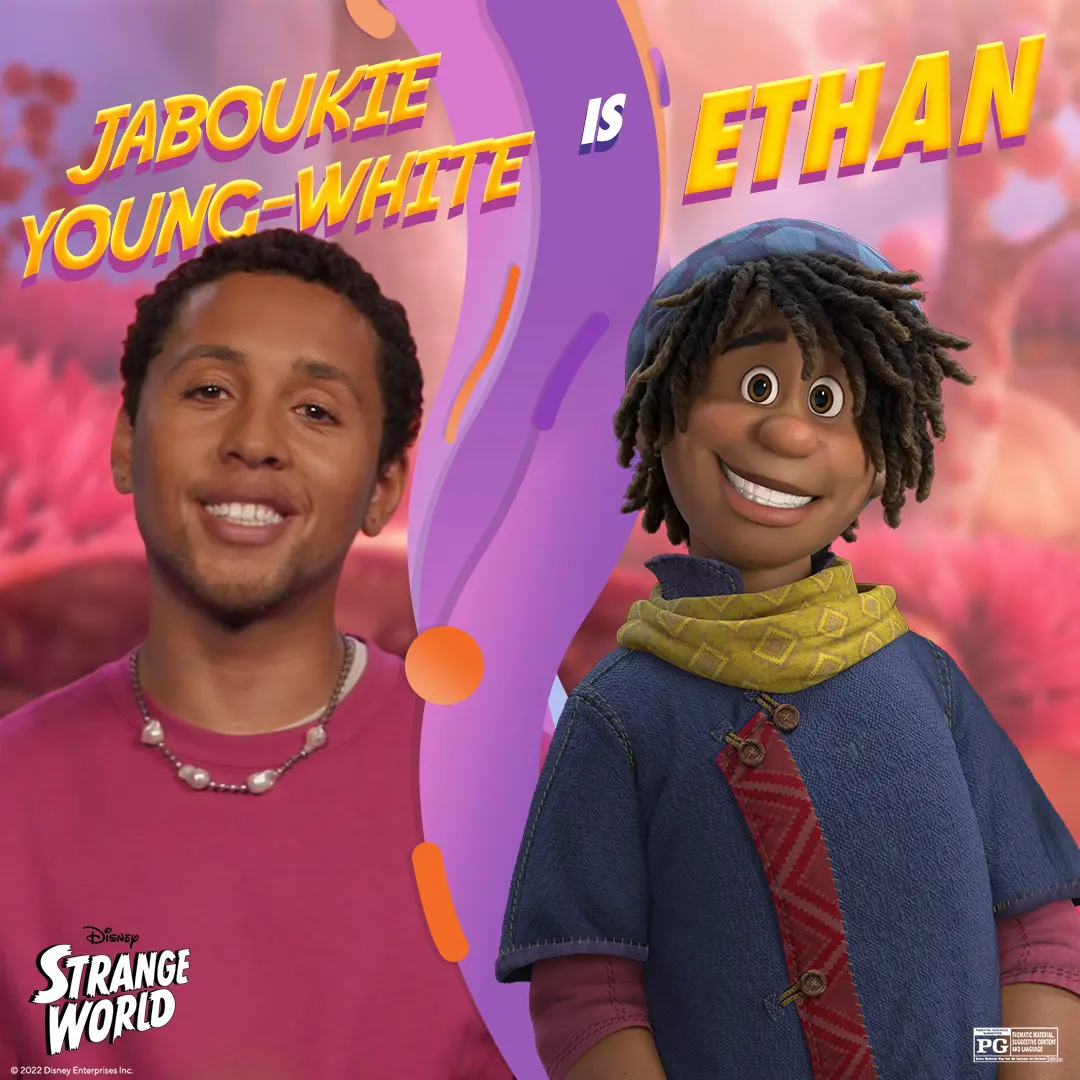 Split promotional portrait showing a smiling live-action performer on the left and the animated character Ethan on the right, separated by a purple curving divider against Strange World’s magenta alien landscape.