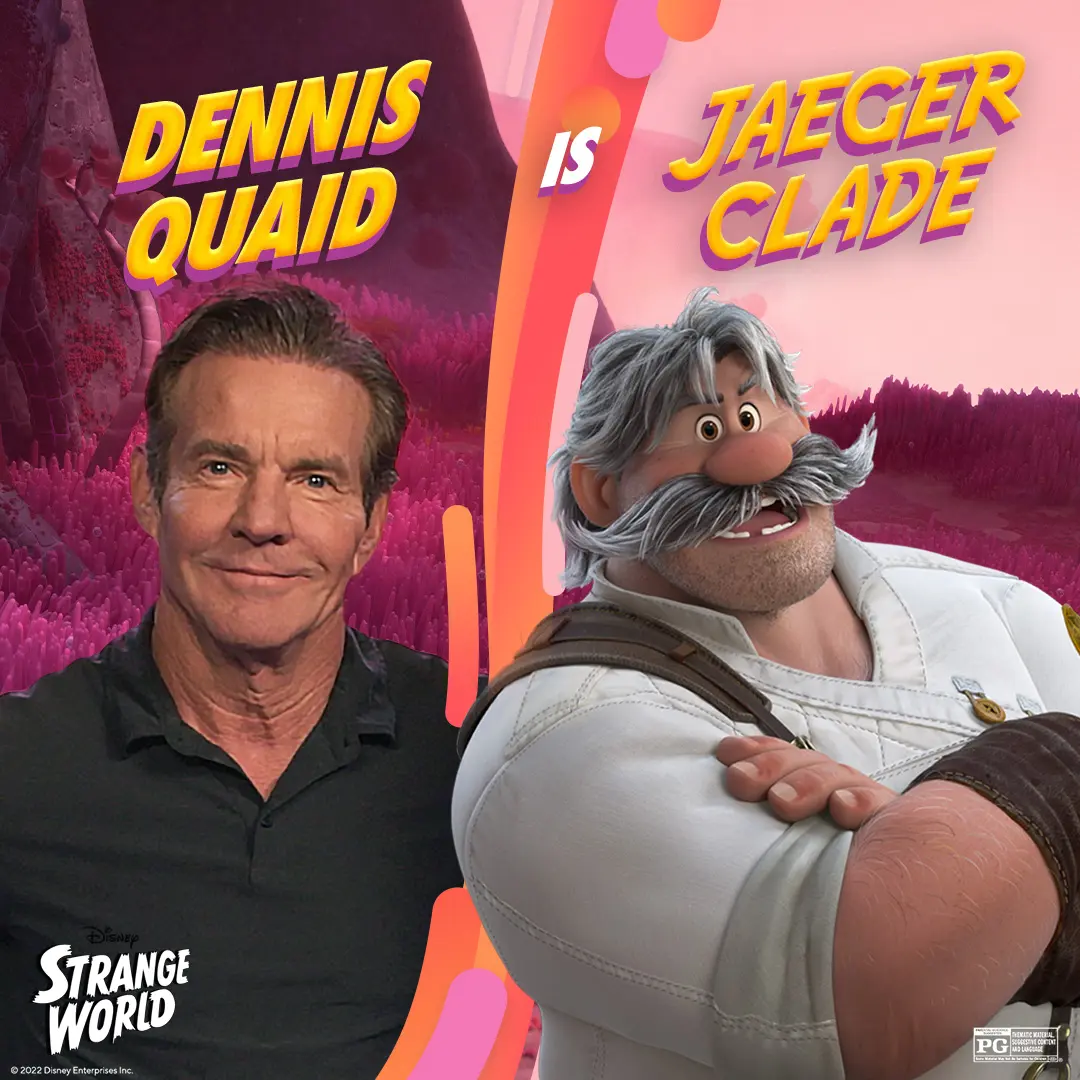 Split promotional image showing a photographed head-and-shoulders portrait of a middle-aged man on the left and Jaeger Clade, a mustached animated adventurer, on the right over a pink-purple alien landscape.