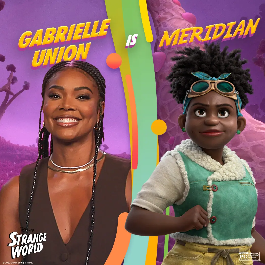 Split cast card with a smiling Black woman in braided hair on the left and the animated character Meridian on the right, separated by a colorful wavy divider over a magenta alien landscape.