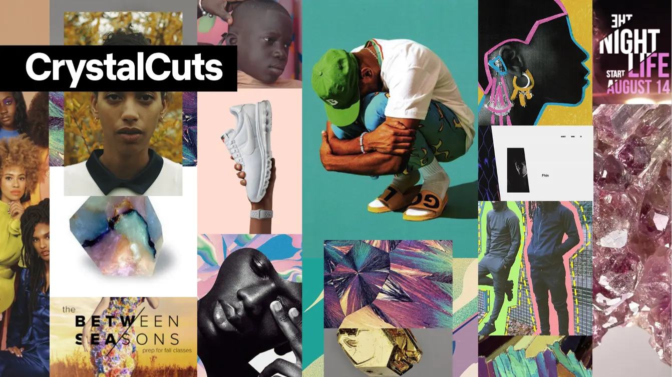 CrystalCuts mood board combining Black talent photography, colorful editorial imagery, product photography, graphic silhouettes, and crystal textures beneath a bold CrystalCuts title treatment.