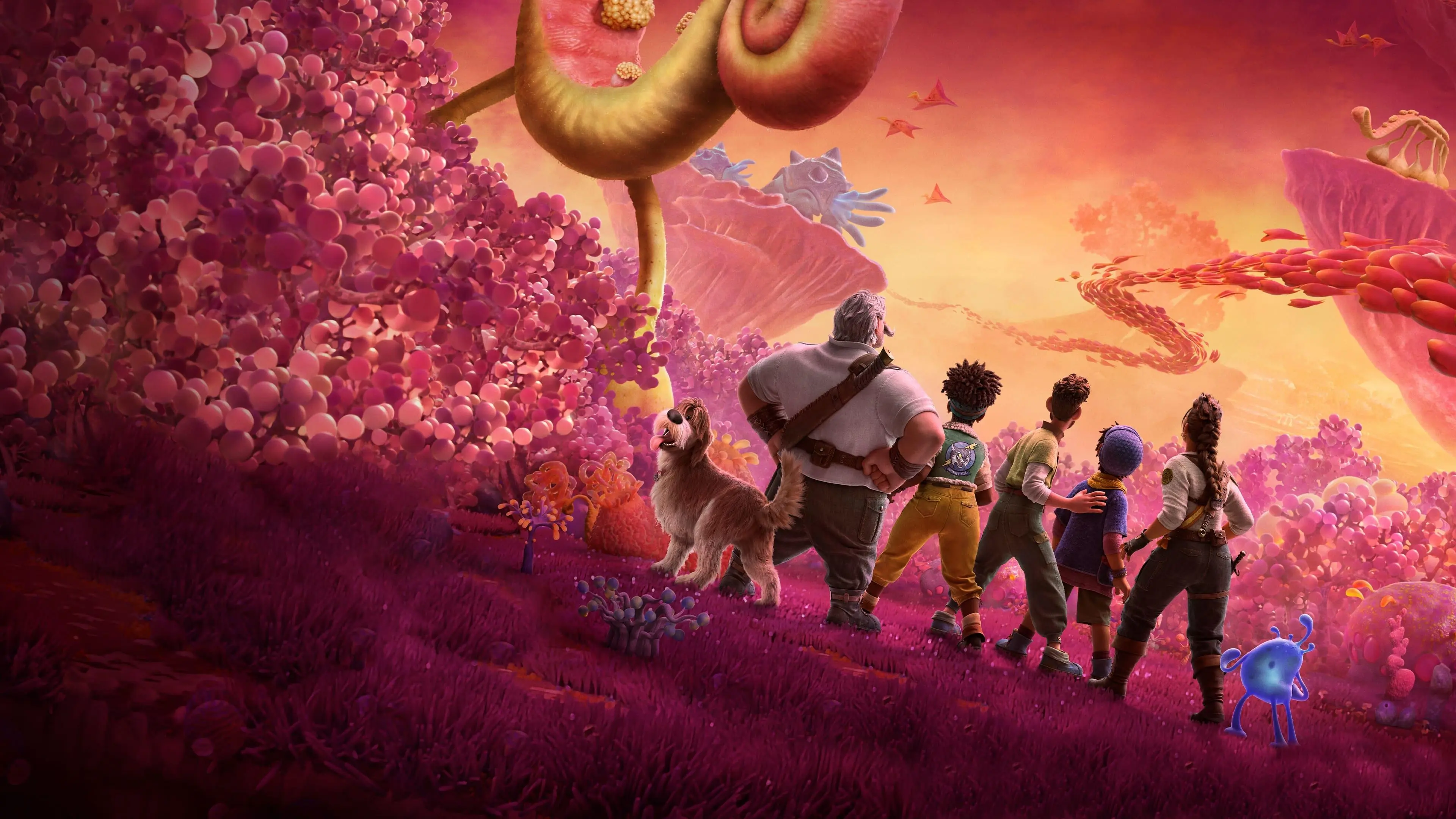 The Clade family, their three-legged dog Legend, and the blue creature Splat stand on a magenta hillside facing a layered, surreal Avalonia landscape of spiraling plants, floating plateaus, and distant flying creatures.