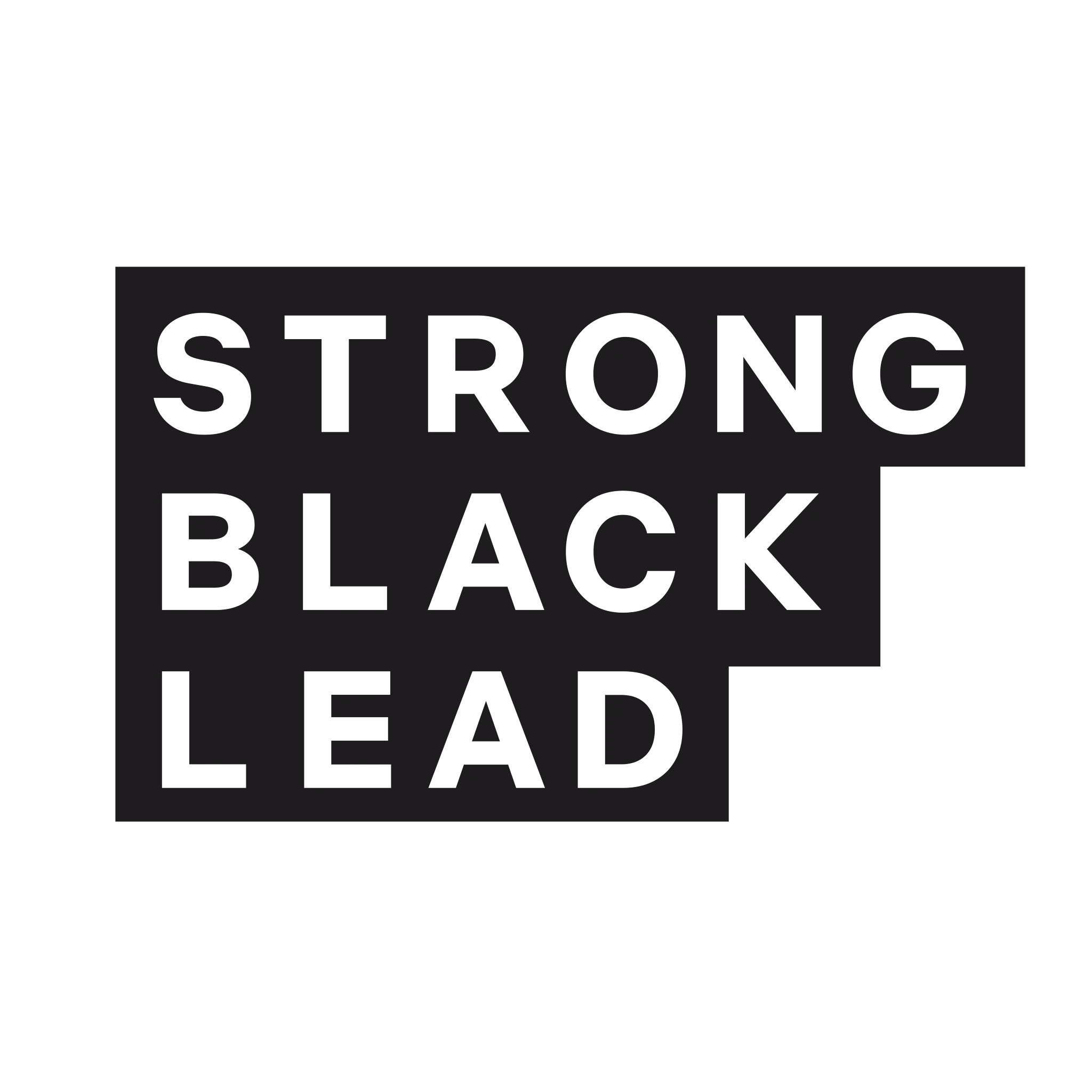 Strong Black Lead wordmark in bold black lettering, arranged across three rows within a stepped rectangular silhouette on a dark gray background.