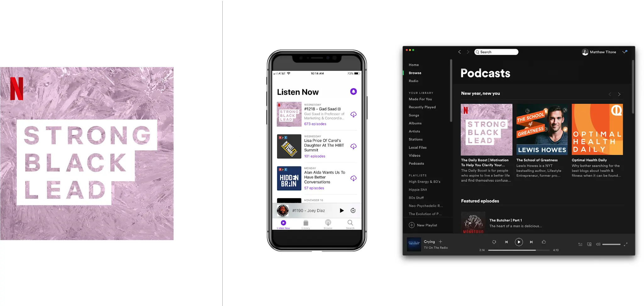 Strong Black Lead podcast artwork with a lavender CrystalCuts texture appears alongside mobile and desktop audio-platform mockups.