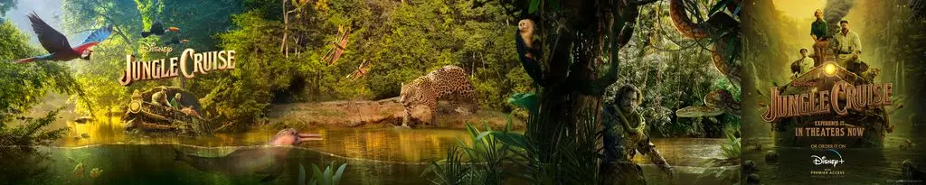 Four Jungle Cruise carousel cards depict a riverboat, jungle wildlife, a vine-covered statue, and a final card promoting the film’s theatrical and Disney+ release.