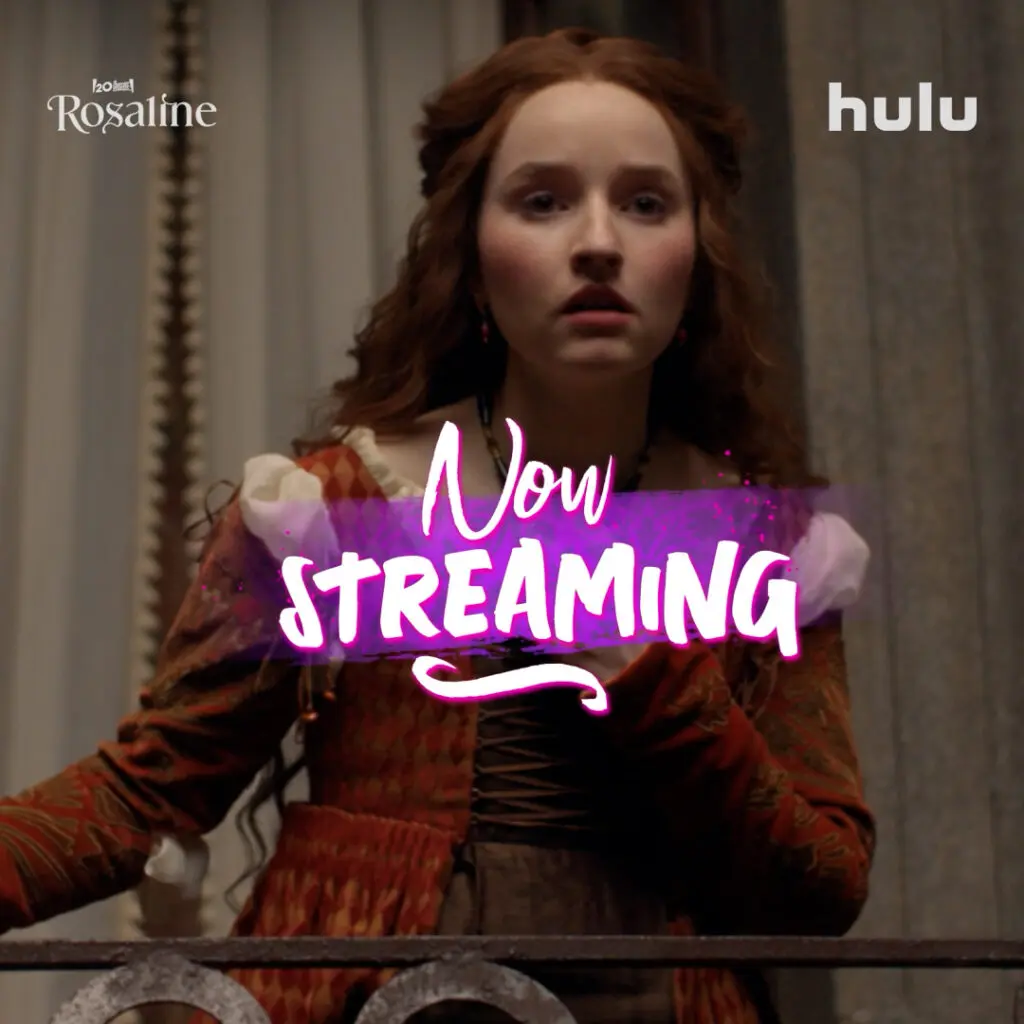 Rosaline stands at a balcony in period dress beneath a bright pink “Now Streaming” graphic, with Rosaline and Hulu logos above.